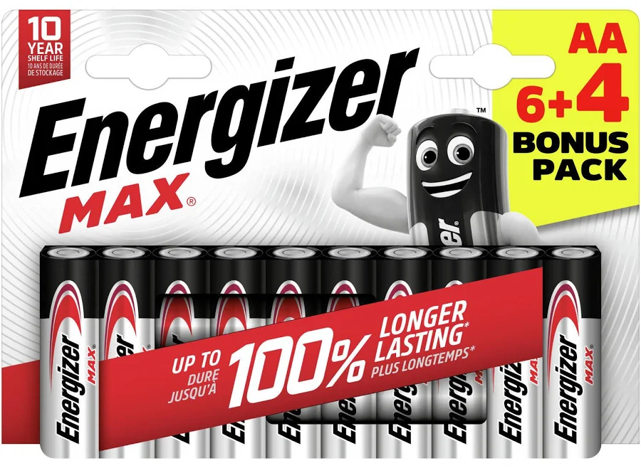 Energizer Max Alkaline AA Battery Bonus Pack of 6+4